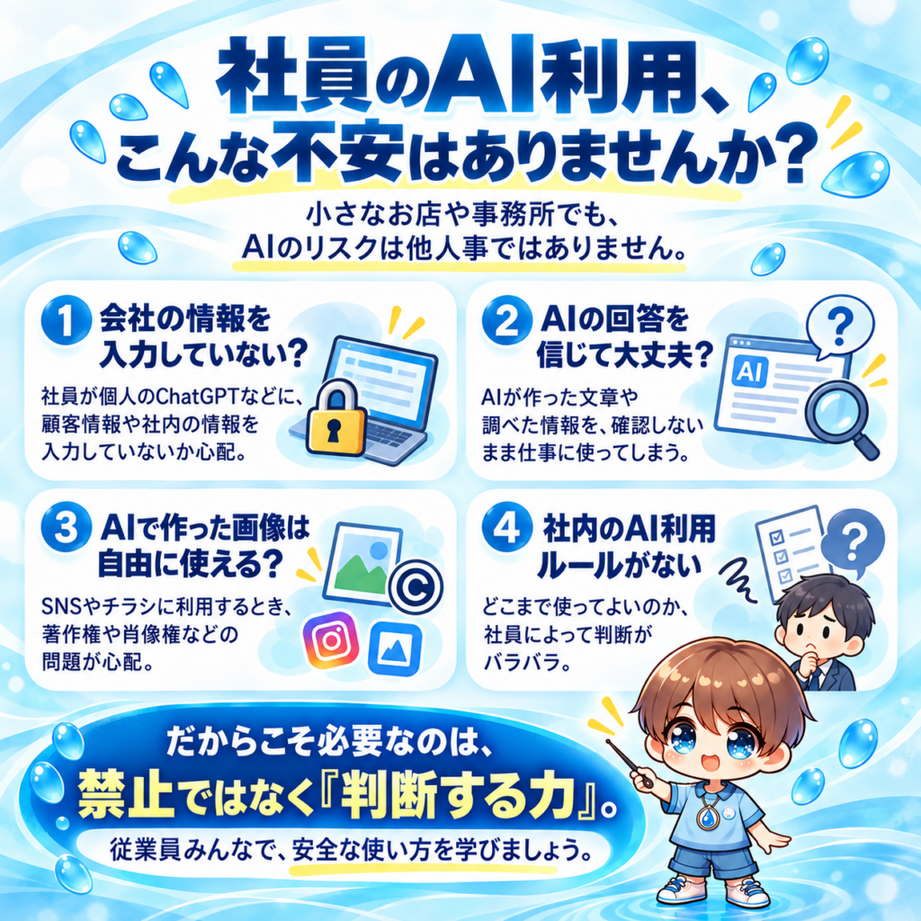 社員のAI利用、
こんな不安はありませんか？